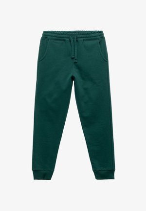 Donkergroene sweatpants van zacht materiaal, met een elastische tailleband met trekkoord, zijzakken en taps toelopende boorden.