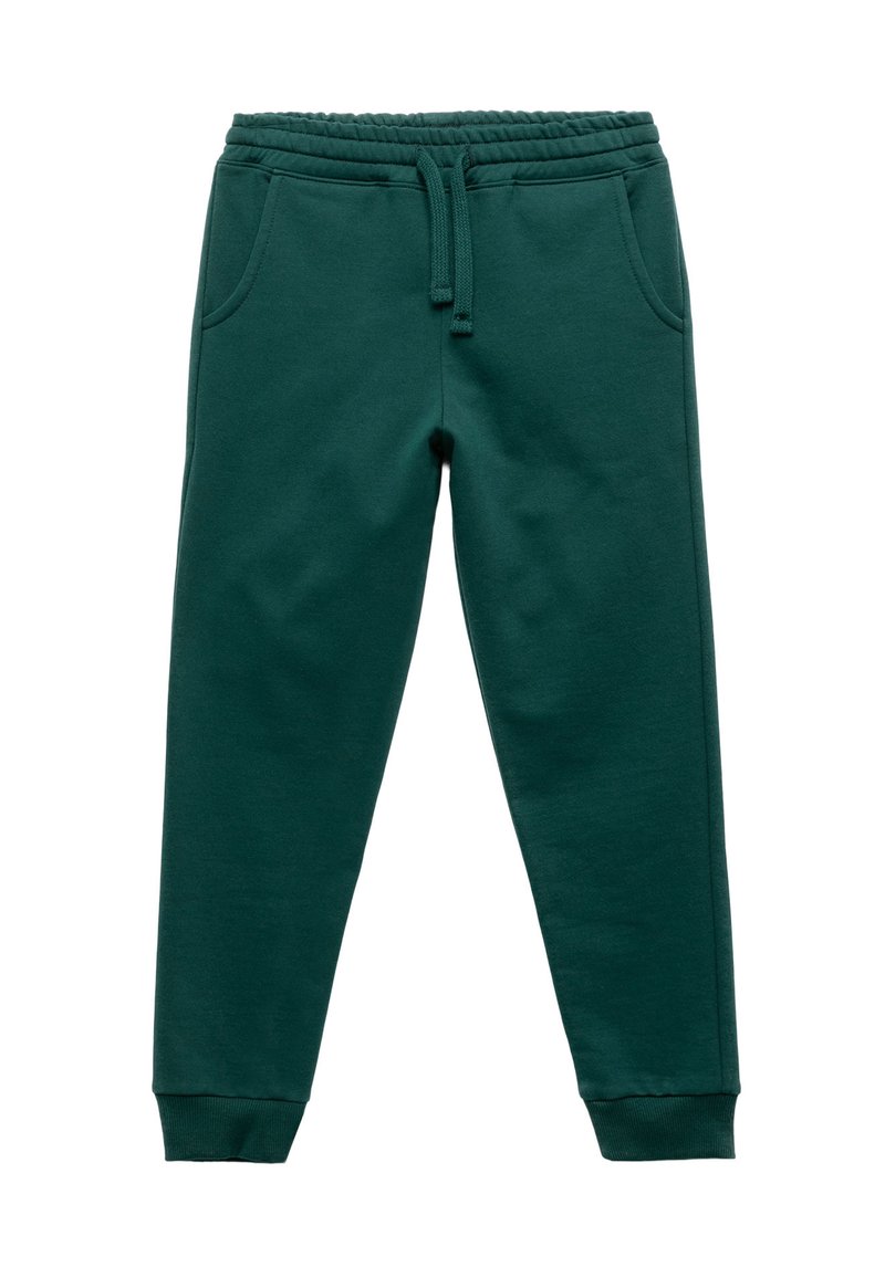 Mørkegrønne sweatpants lavet af blødt materiale, med elastisk talje med snøre, sidelommer og tætsiddende cuffs.