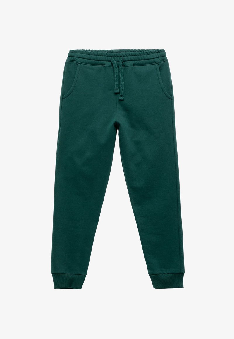 Donkergroene sweatpants van zacht materiaal, met een elastische tailleband met trekkoord, zijzakken en taps toelopende boorden.