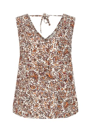 Ujjatlan V-nyakú blúz hátul nyakkötővel, sűrű barna és narancssárga virágmintával fehér alapon.