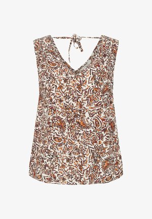 Ujjatlan V-nyakú blúz hátul nyakkötővel, sűrű barna és narancssárga virágmintával fehér alapon.