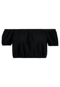 Svart croppad topp utan axelremmar med korta puffärmar, tillverkad av lättviktsmaterial, med en rynkad elastisk midja för en åtsittande passform.