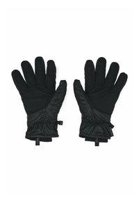 Black insulated gloves featuring a textured grip on the palm, elastic wrist bands, and adjustable straps for a snug fit.