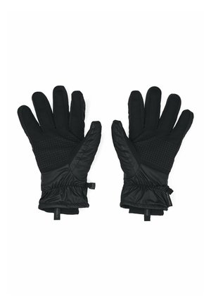 Black insulated gloves featuring a textured grip on the palm, elastic wrist bands, and adjustable straps for a snug fit.