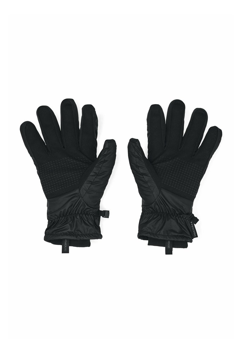 Black insulated gloves featuring a textured grip on the palm, elastic wrist bands, and adjustable straps for a snug fit.