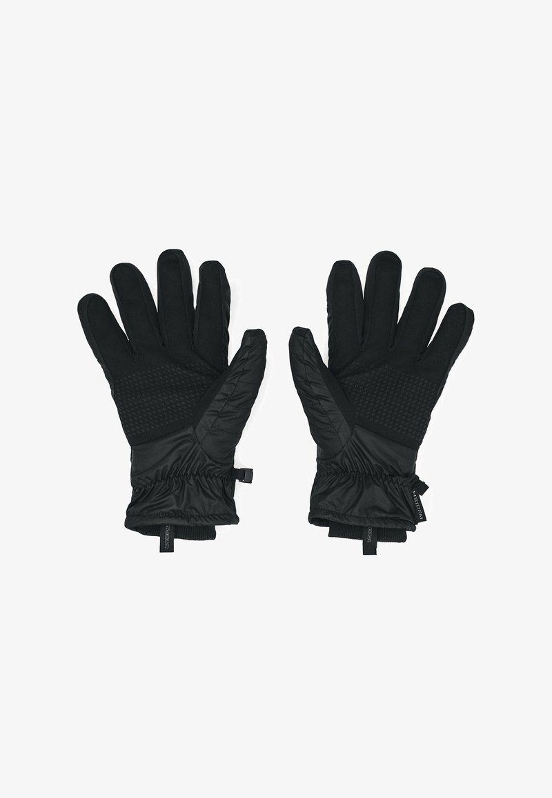 Black insulated gloves featuring a textured grip on the palm, elastic wrist bands, and adjustable straps for a snug fit.