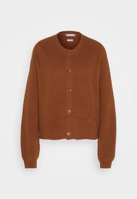 Brauner gerippter Cardigan mit rundem Halsausschnitt, Knopfleiste auf der Vorderseite und langen Ärmeln. Verfügt über ein kleines Logo unten rechts.