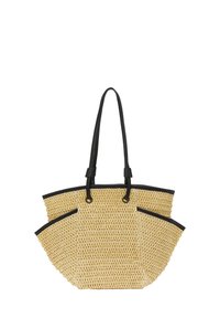 Rieten draagtas met zwarte synthetische leren accenten en handvatten. Heeft een open bovenkant en twee zijvakken voor extra opbergruimte.