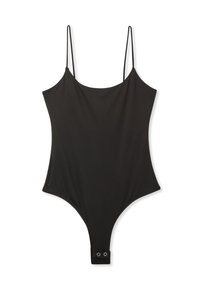 Body nero senza maniche con spalline sottili, scollatura a forma di cuori e gambe alte. Presenta due chiusure a scatto sul fondo per maggiore praticità.