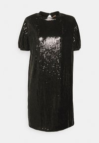 Svart paljettklänning med kort puffärmar, rundad halsringning och nyckelhål i ryggen. Har ett gradient mönster av paljetter för extra glans.