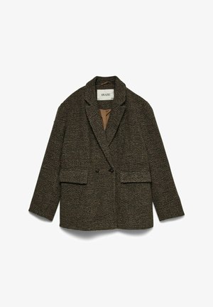 Blazer brun texturé avec col à revers, devant croisé, deux poches plaquées, et un motif tissé discret. Intérieur doublé.