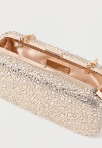 Kleitā soma, kas izgatavota no spīdīgas, rotātas auduma, ar zelta krāsas metāla rāmi un aizdari. Iekšpuse izklāta ar mīkstu bežveida satīnu.