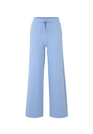 Pantalones de chándal de pierna ancha en azul claro, confeccionados con tela suave, cuentan con una cintura elástica y cordón ajustable, con un detalle sutil de logo.