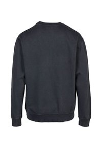 Black sweatshirt with a rounded neckline, ribbed cuffs, and hem. Features a simple design without embellishments or patterns.