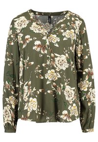 Olivengrøn bluse med lange ærmer, v-hals og blomstermønster i creme, brunt og grønt. Blødt stof og knaplukning foran.