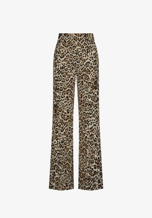 Bežinės ir rudos leopardų rašto plačių kojų kelnės su pakankamai švelnia tekstūra, aukštu juosmeniu ir dviem šoninėmis kišenėmis praktiškumui.