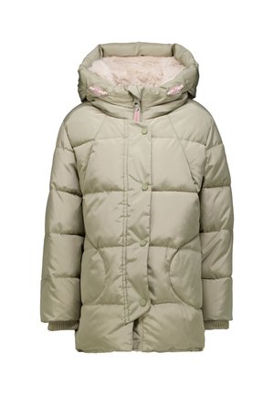 Light green padded winter coat with a fleece-lined hood, front snap buttons, and ribbed cuffs on the sleeves.