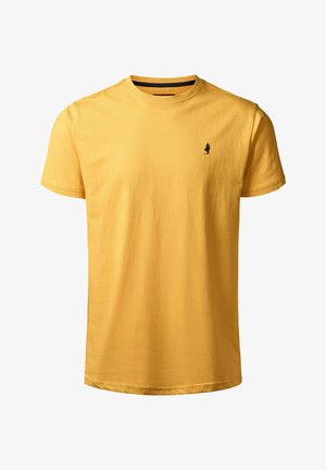 Žuta majica kratkih rukava napravljena od pamuka. Ima mali mornarski logo na lijevoj strani prsnog koša i okrugli izrez. Glatka tekstura.