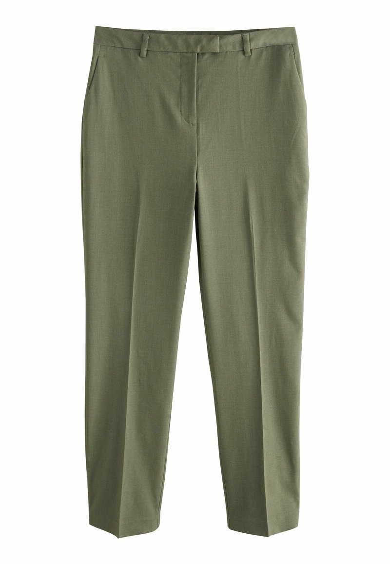 Pantalon vert olive sur mesure avec passants de ceinture, poches latérales et devant plat.