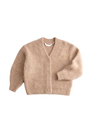 Beige stickad kofta med V-hals, lång ärm och tre knappar fram. Ribbad fåll och ärmslut med varierande stickningar.