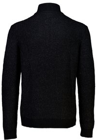 Maglione nero a coste con colletto alto, caratterizzato da una finitura testurizzata e un colore uniforme, con maniche lunghe e orlo aderente.