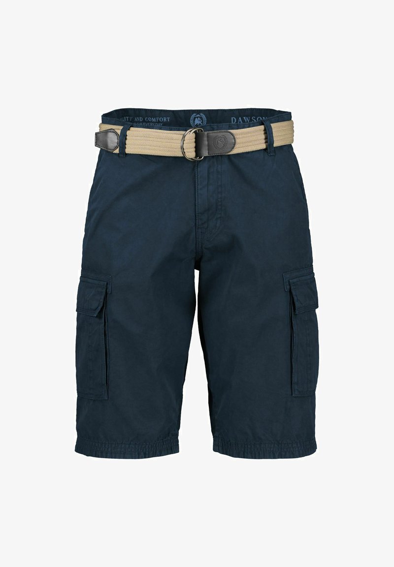 Navy cargo shorts with a woven beige belt. Features two side cargo pockets, a smooth fabric texture, and a relaxed fit design.