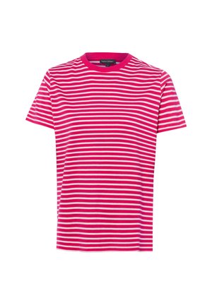 Pink and white horizontal striped short-sleeve t-shirt with crew neck and visible brand label inside the collar.