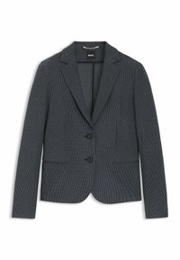 Heren blazer in donkergrijs met krijtstreep, gemaakt van textuurstof, met een gekarteld revers, een enkele knoopsluiting en twee voorkruiszakken.