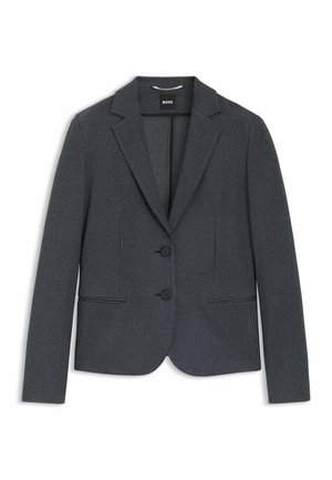 Blazer grigio scuro a righe per uomo realizzato in tessuto testurizzato, con rever a punta, chiusura a singolo bottone e due tasche frontali.