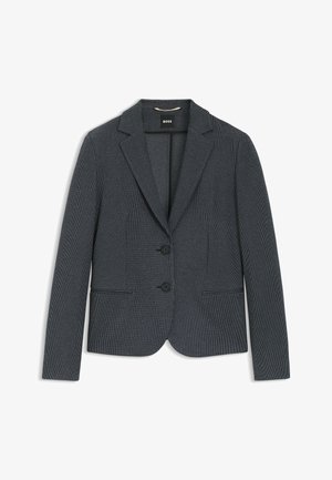 Blazer grigio scuro a righe per uomo realizzato in tessuto testurizzato, con rever a punta, chiusura a singolo bottone e due tasche frontali.