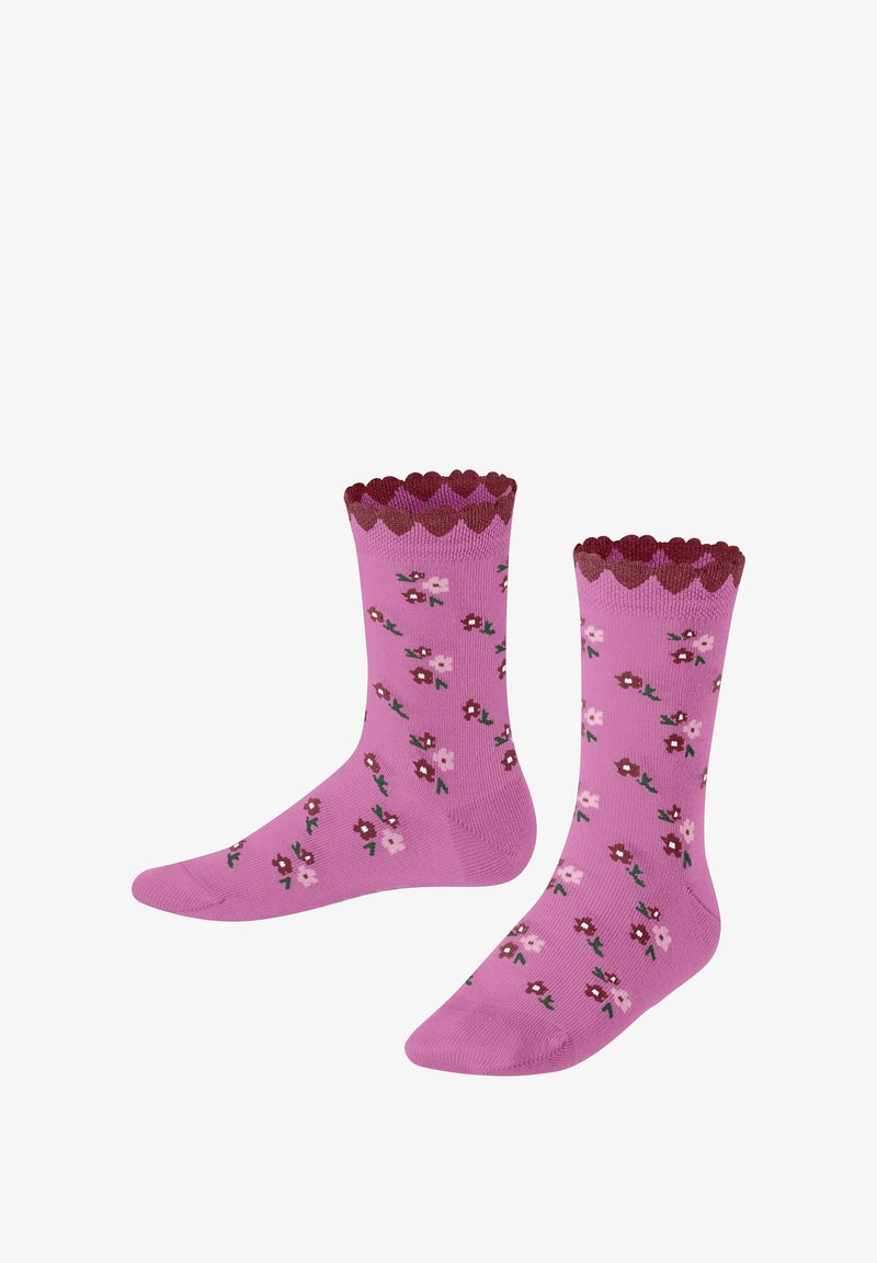 Helle pinke Socken mit gewelltem burgunderfarbenem Rand, verziert mit kleinen Blumenmustern in Pink und Dunkelrot, nebeneinander präsentiert.