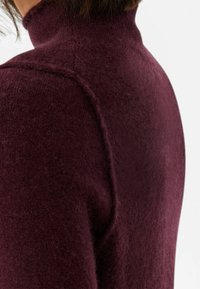 Pull col roulé bordeaux en matière tricotée douce, avec une coupe ajustée, des détails de coutures visibles et une finition texturée.