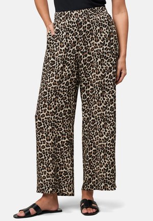 Leopard print wide-leg pants in a beige and brown color scheme. Features an elastic waistband and side pockets for added convenience.