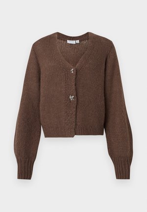 Brown knit cardigan with long sleeves, V-neck, and two decorative silver butterfly-shaped buttons down the front.