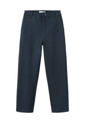 Marineblå afslappede bukser med elastisk talje, knaplukning, bæltestropper og sidelommer.