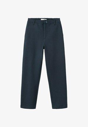 Navyblauwe casual broek met een elastische tailleband, knoopsluiting, riemlussen en zijzakken.