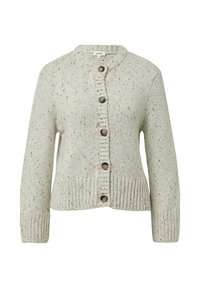 Lichtgrijze gebreide cardigan met een ronde hals, geribde manchetten en zoom. Zes grote bruine knopen aan de voorkant. Gestippeld textuur door het geheel.