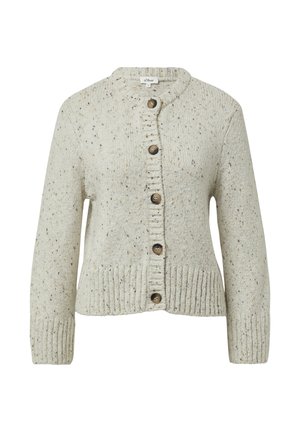Lichtgrijze gebreide cardigan met een ronde hals, geribde manchetten en zoom. Zes grote bruine knopen aan de voorkant. Gestippeld textuur door het geheel.