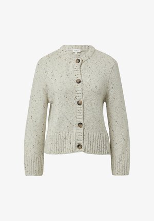 Light gray knitted cardigan with a round neck, ribbed cuffs, and hem. Six large brown buttons down the front. Speckled texture throughout.