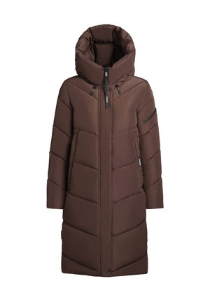 Long brown padded winter coat with high collar, adjustable hood, front zipper, and sleeve pocket.
