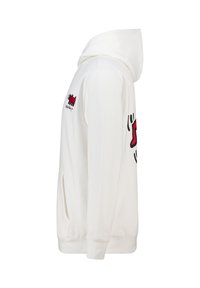 Witte hoodie met een kangoeroezak, voorzien van rode en zwarte graphic op de borst en mouwen. Zacht materiaal, ribgebreide manchetten en onderrand.