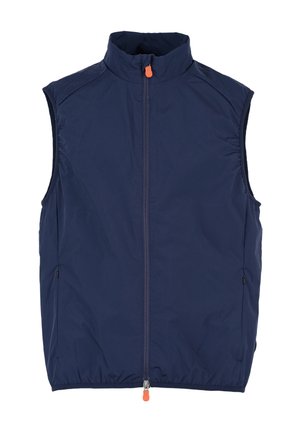 Gilet senza maniche blu navy con colletto alto, zip frontale e tirazip arancione. Presenta due tasche laterali e una texture morbida e liscia.