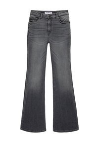 Pantalones vaqueros de mezclilla gris acampanados con cinco bolsillos, cierre de botón y cremallera, y un desgaste sutil. Presentan una cintura clásica y un corte recto.