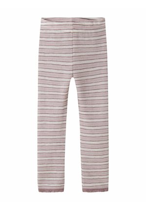 Lyserøde leggings med hvide og mørkere pink striber, lavet af blødt stof. Har en bølget kant og glat linning.