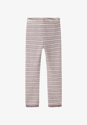 Leggings rose clair avec des rayures blanches et roses foncées, confectionnés en tissu doux. Présentent un ourlet festonné et une ceinture lisse.