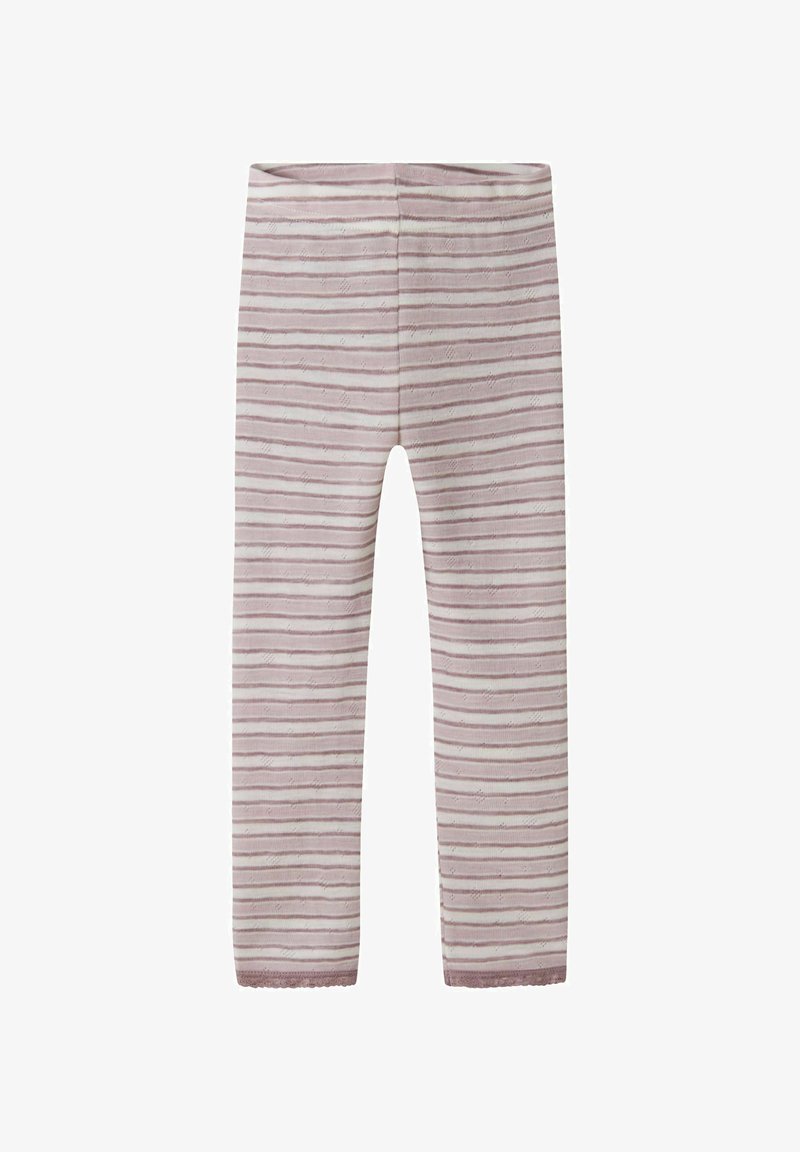 Leggings rose clair avec des rayures blanches et roses foncées, confectionnés en tissu doux. Présentent un ourlet festonné et une ceinture lisse.