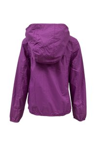 Giacca leggera viola con cappuccio. Presenta polsini elasticizzati e orlo con cordino. Tessuto morbido con finitura resistente all'acqua.