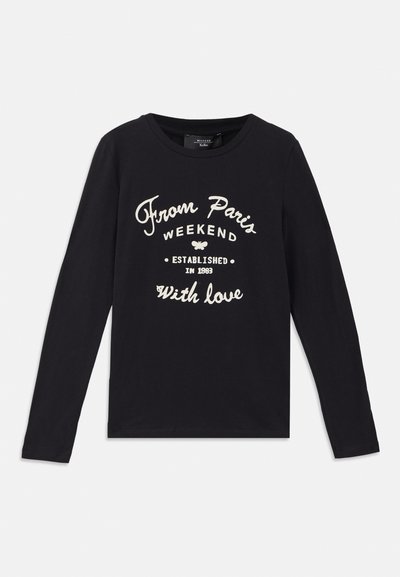 Black long-sleeve shirt made of cotton, featuring white text: "From Paris Weekend Established in 1983 With love." Simple crew neckline.