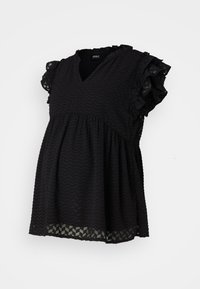 Blusa da maternità nera con scollatura a V, motivo zigzag testurizzato, maniche a volant e vita arricciata, caratterizzata da un dettaglio geometrico all'orlo.