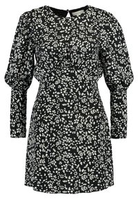 Svart klänning med vitt blommönster, med långa puffärmar, en figurnära bodice och en utsvängt kjol. Texturerad tyg med en slät yta.